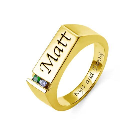 10K Gold Cubic Zirconia Personalized Birthstone & Personalized Engraving Ring for Men-1