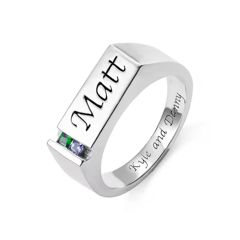 10K Gold Cubic Zirconia Personalized Birthstone & Personalized Engraving Ring for Men-2