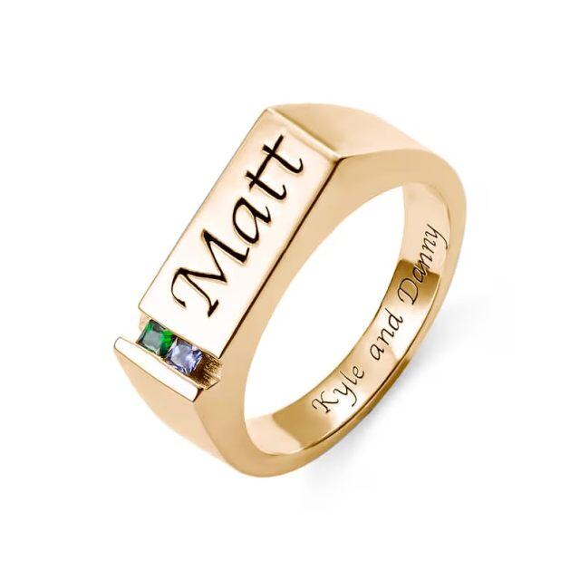 10K Gold Cubic Zirconia Personalized Birthstone & Personalized Engraving Ring for Men-3