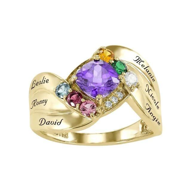 Anello con nome personalizzato birthstone personalizzato con taglio a cuscino in oro 10 carati per donna