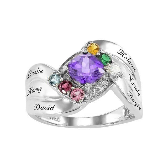 10K Gold Personalized Birthstone & Personalized Engraving Birthstone Ring-2