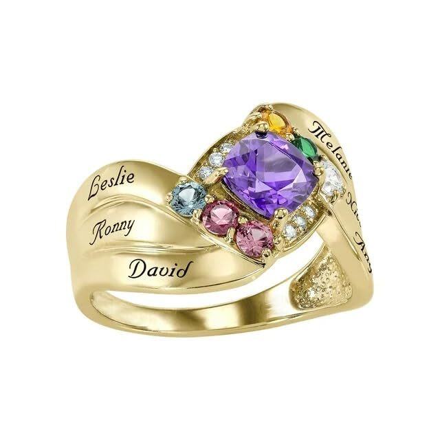 10K Gold Personalized Birthstone & Personalized Engraving Birthstone Ring-4