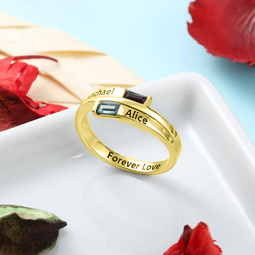 Anillo cuadrado personalizado con grabado de piedra de nacimiento en oro de 10 quilates para mujer-3