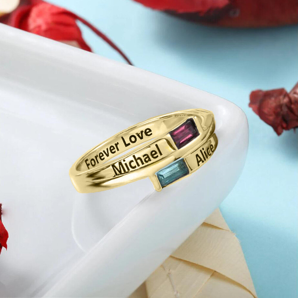 Anillo cuadrado personalizado con grabado de piedra de nacimiento en oro de 10 quilates para mujer-4