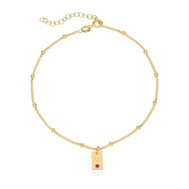 10K Gold Cubic Zirconia Personalized Birthstone Engraving Single Layer Charm Anklet-1