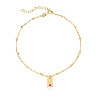 10K Gold Cubic Zirconia Personalized Birthstone Engraving Single Layer Charm Anklet-7