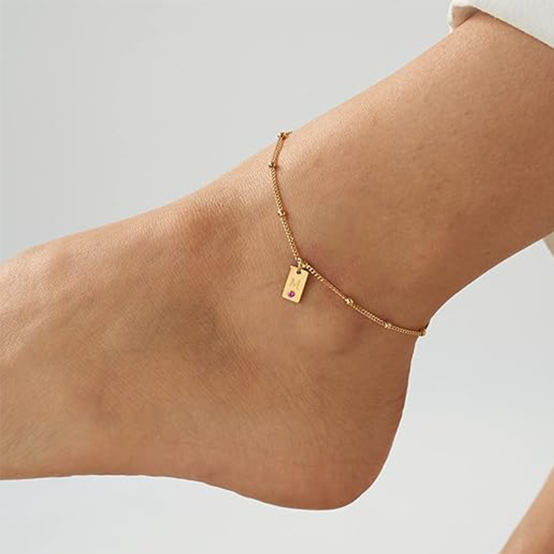 10K Gold Cubic Zirconia Personalized Birthstone Engraving Single Layer Charm Anklet-2