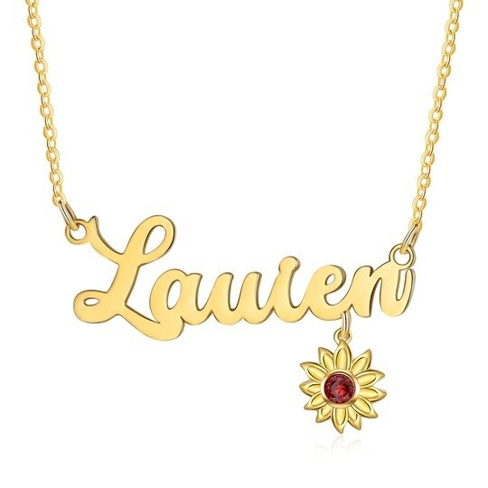 10K Gold Personalized Birthstone & Personalized Engraving Sunflower Pendant Necklace-1