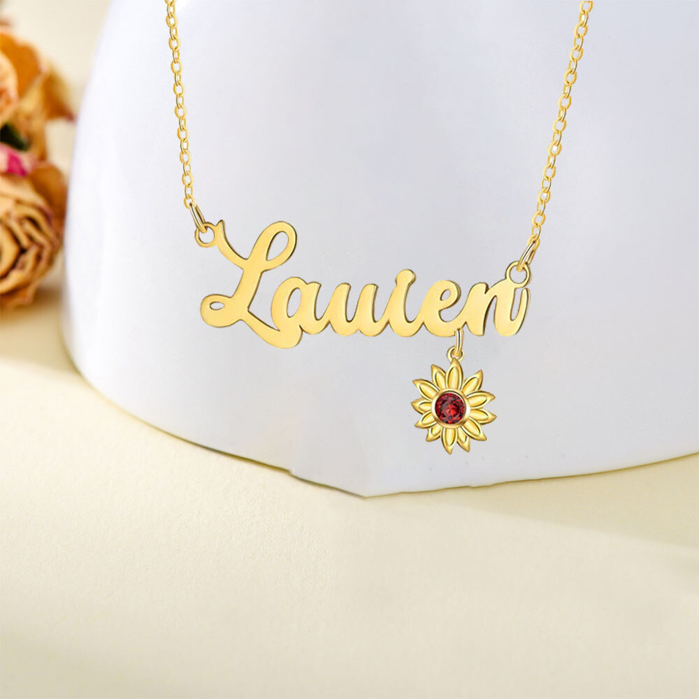 10K Gold Personalized Birthstone & Personalized Engraving Sunflower Pendant Necklace-2