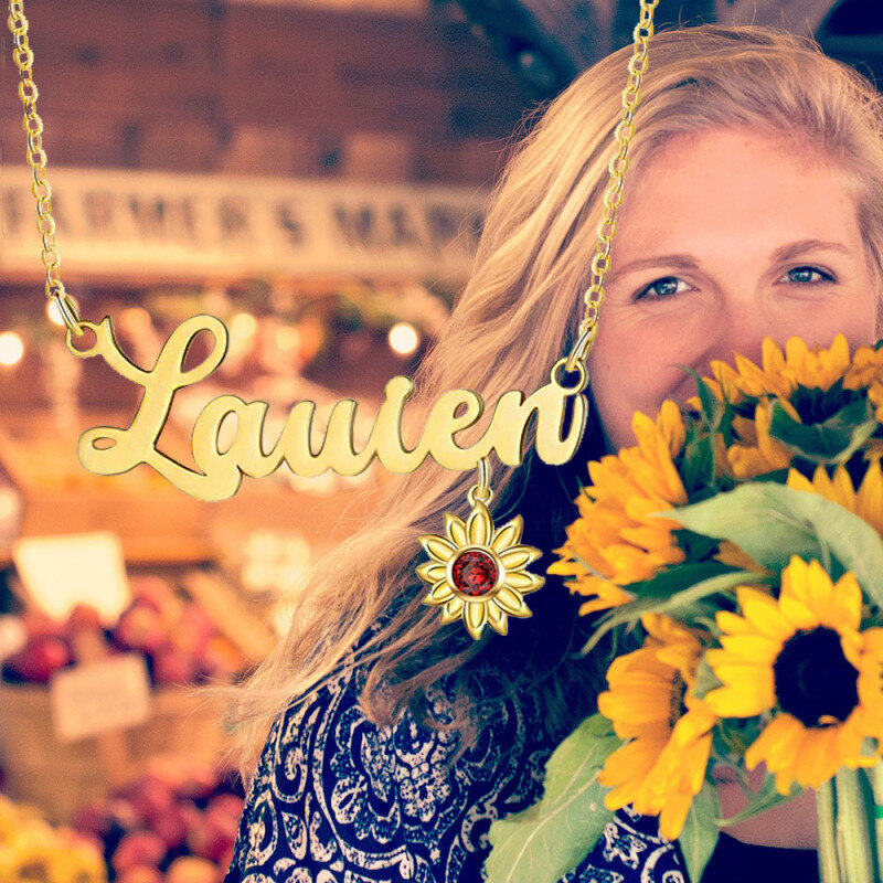 10K Gold Sunflower Customized Birthstone Engraving Pendant Necklace For Women-3