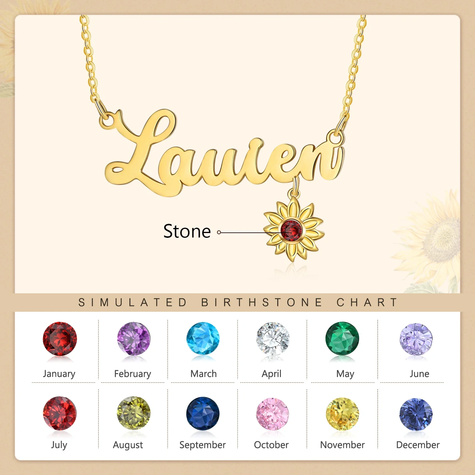 10K Gold Personalized Birthstone & Personalized Engraving Sunflower Pendant Necklace-4