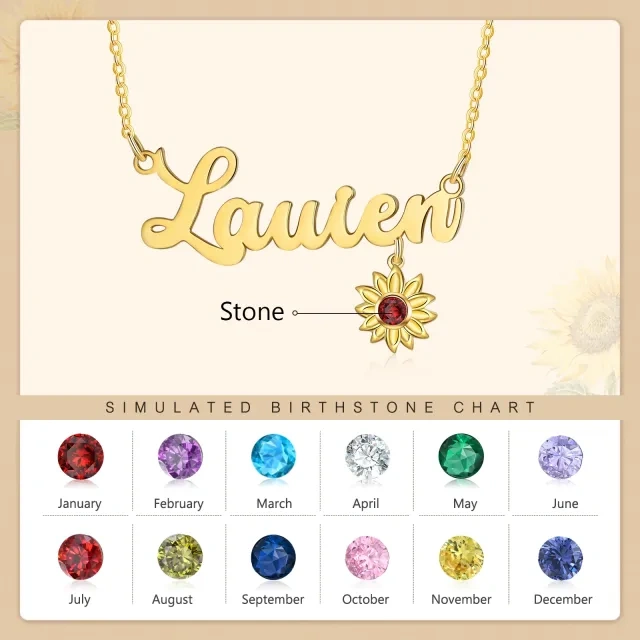 10K Gold Personalized Birthstone & Personalized Engraving Sunflower Pendant Necklace-4