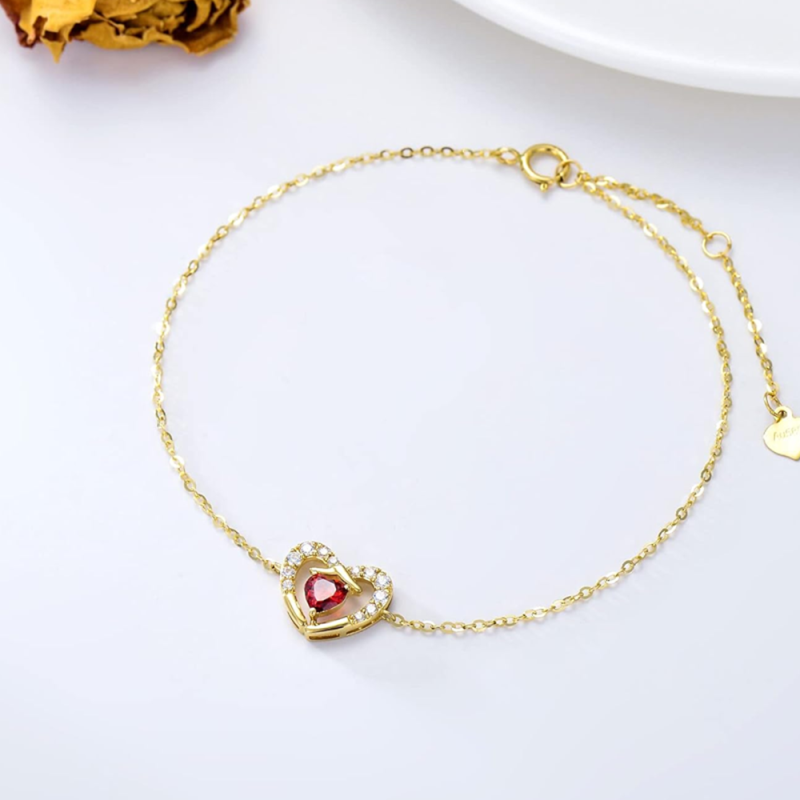 10K Gold Personalized Birthstone Heart Charm Bracelet-3