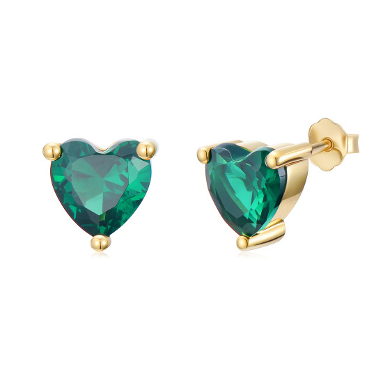 10K Gold Cubic Zirconia Personalized Birthstone & Heart Stud Earrings