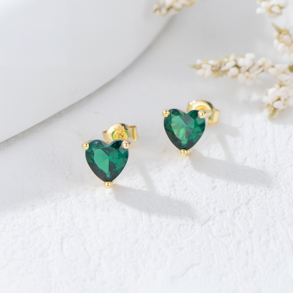 10K Gold Cubic Zirconia Personalized Birthstone & Heart Stud Earrings-2