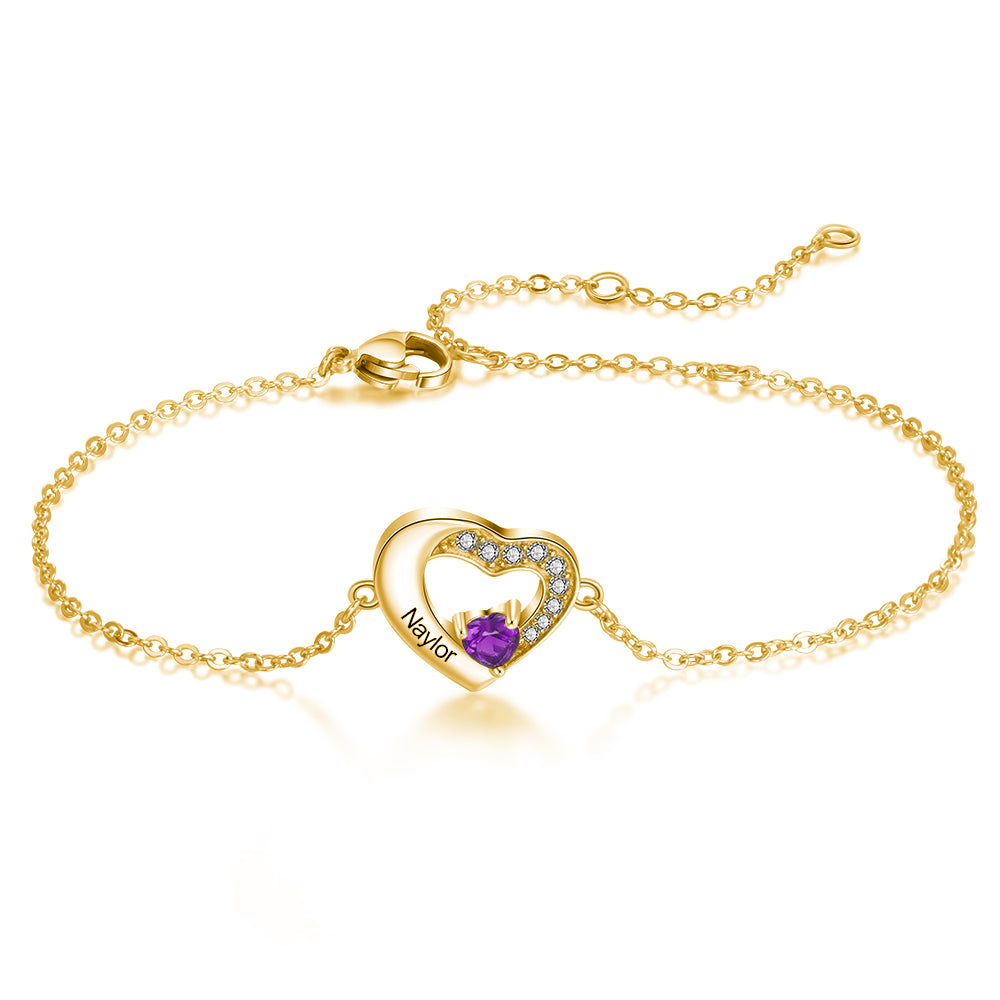 18K Gold Cubic Zirconia Personalized Birthstone & Name With Heart Charm Bracelet-1
