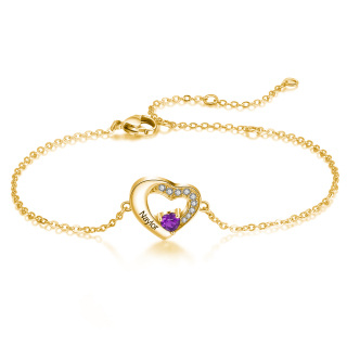 10K Gold Cubic Zirconia Personalized Birthstone & Name With Heart Charm Bracelet-26