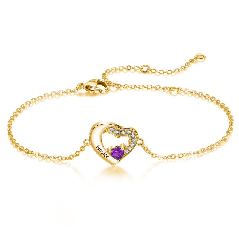 10K Gold Cubic Zirconia Personalized Birthstone & Name With Heart Charm Bracelet-14