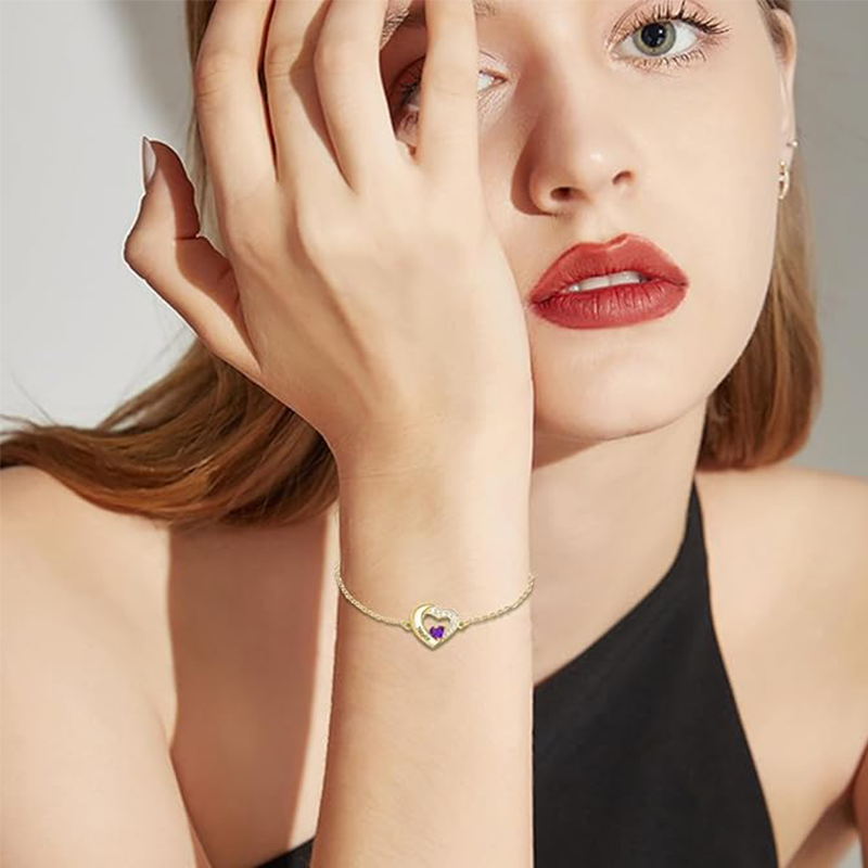 10K Gold Cubic Zirconia Personalized Birthstone & Name With Heart Charm Bracelet-2