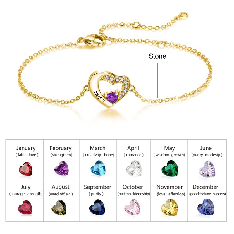 18K Gold Cubic Zirconia Personalized Birthstone & Name With Heart Charm Bracelet-3