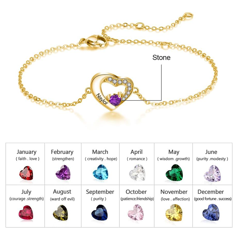 Pulsera personalizada con colgante de corazón y nombre de piedra natal con circonita cúbica en oro de 10 quilates-3