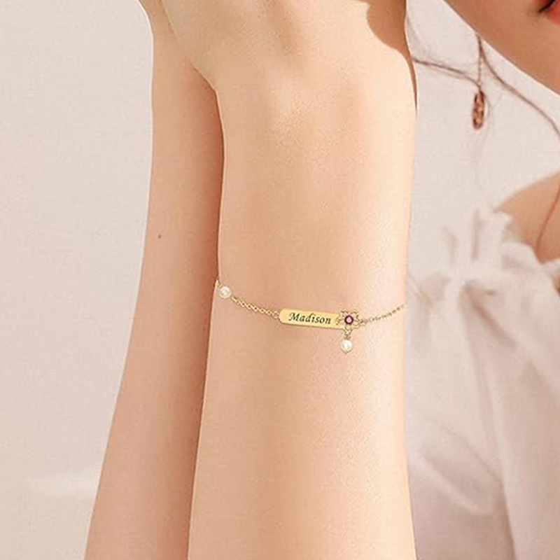 Pulseira com pingente de pedra de nascimento personalizada em prata esterlina com zircônia cúbica banhada a ouro amarelo-3