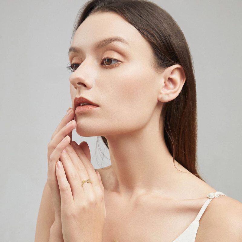 Anillo clásico personalizado con nombre y piedra natal en oro de 10 quilates con circonita cúbica y circonita cúbica-2