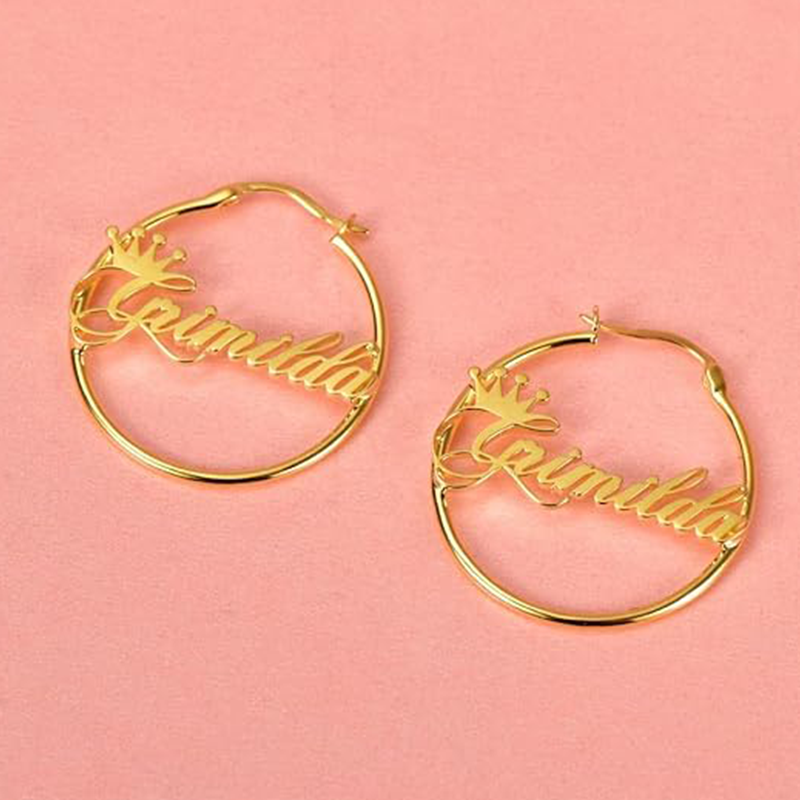 10K Gold Personalized Classic Name Hoop Earrings-3