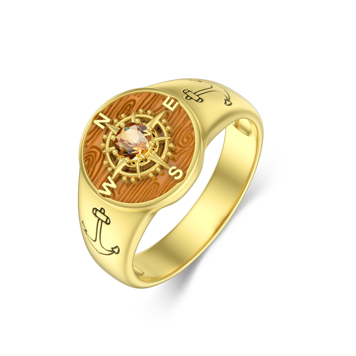 Anillo de brújula de ancla con grabado personalizado en oro de 10 quilates para hombre-1