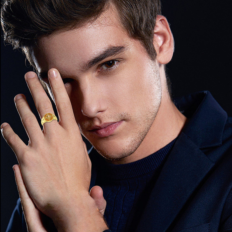 10K Gold Yellow Crystal Anchor & Compass Personalized Engraving Ring For Men-3