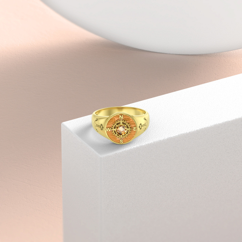 10K Gold Yellow Crystal Anchor & Compass Personalized Engraving Ring For Men-4