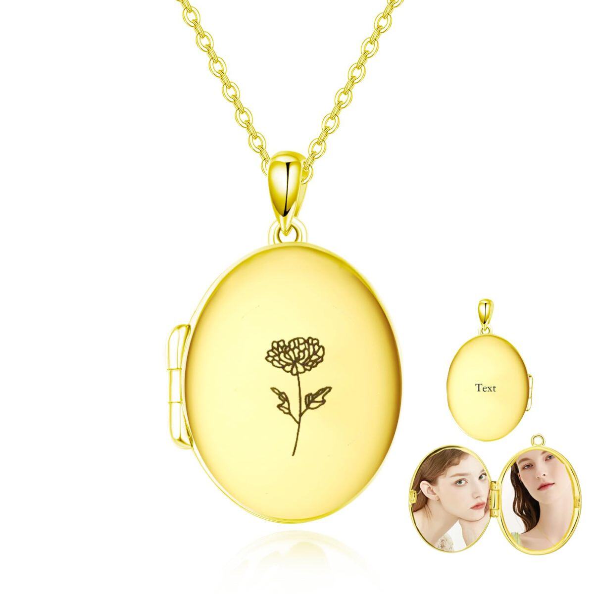 Collier avec médaillon photo personnalisé en or 10 carats avec gravure personnalisée et fleur de naissance-1