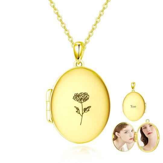 10K Gold Personalized Engraving Birth Flower Photo Locket Necklace For Women