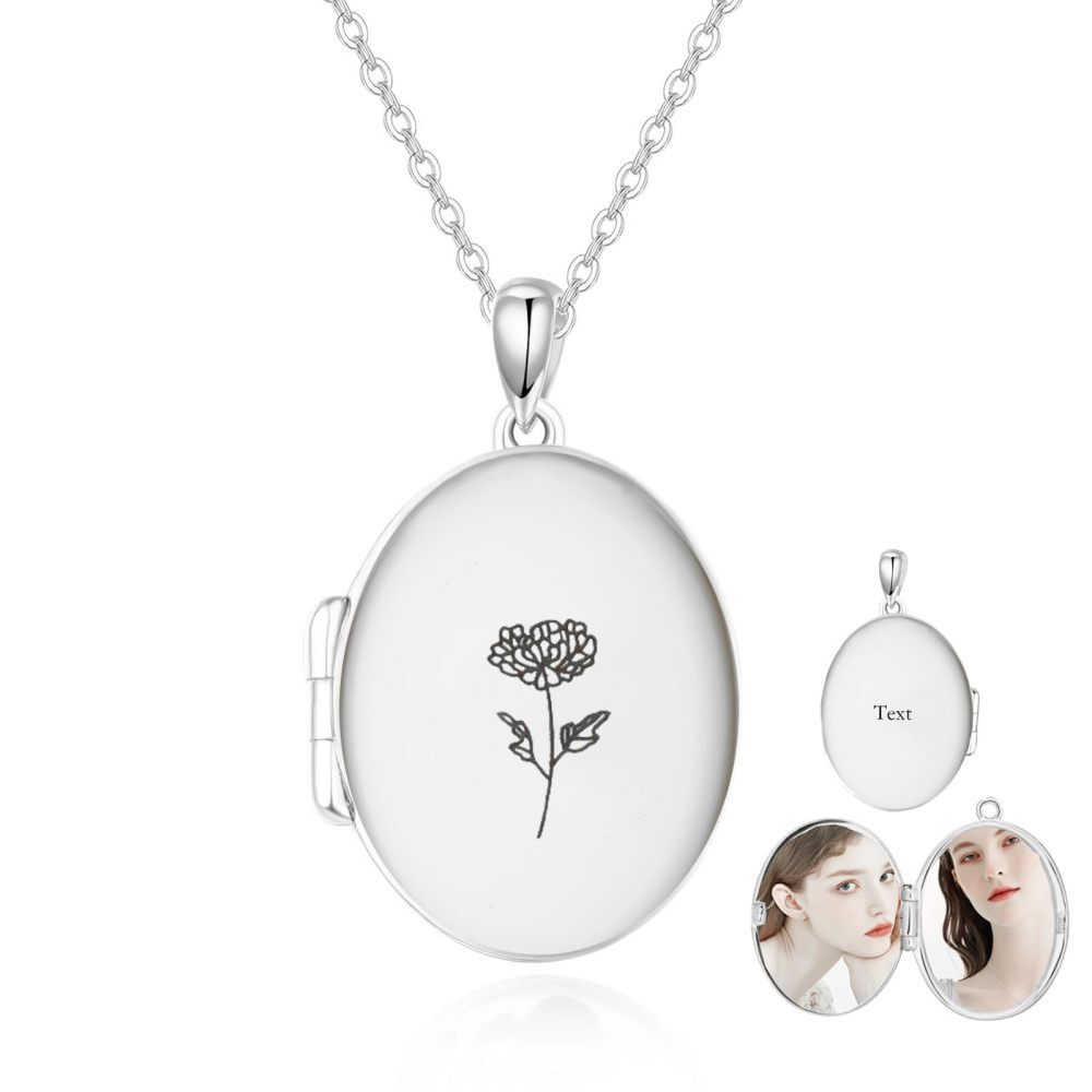 Collar con medallón de foto de flor de nacimiento con grabado personalizado de oro de 10 quilates para mujer-2