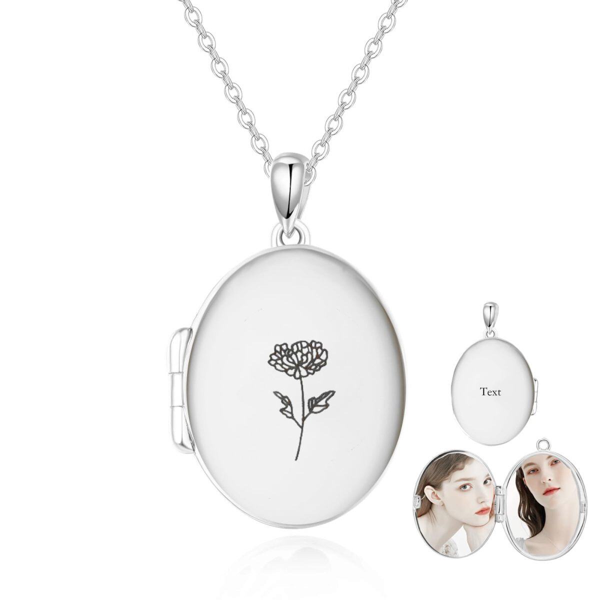 10K Gold Personalized Engraving Birth Flower Photo Locket Necklace For Women-2