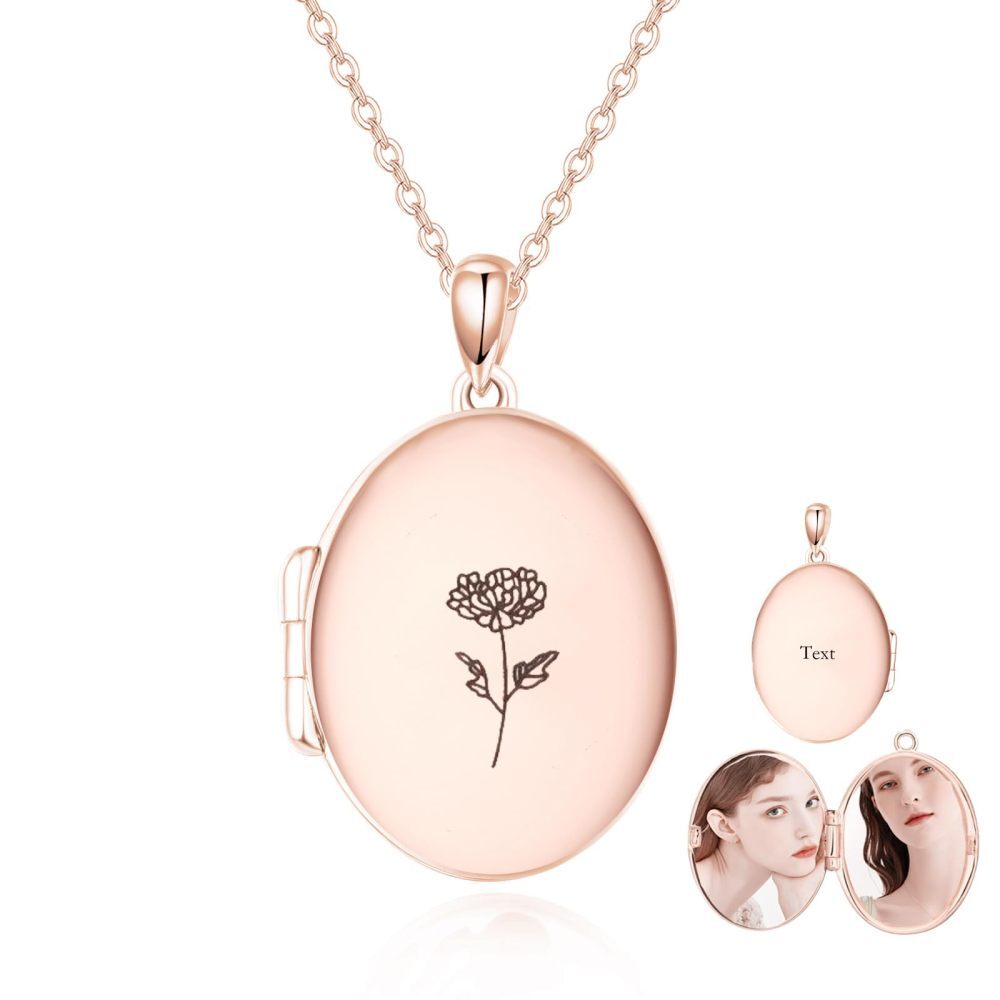 Collar con medallón de foto de flor de nacimiento con grabado personalizado de oro de 10 quilates para mujer-3