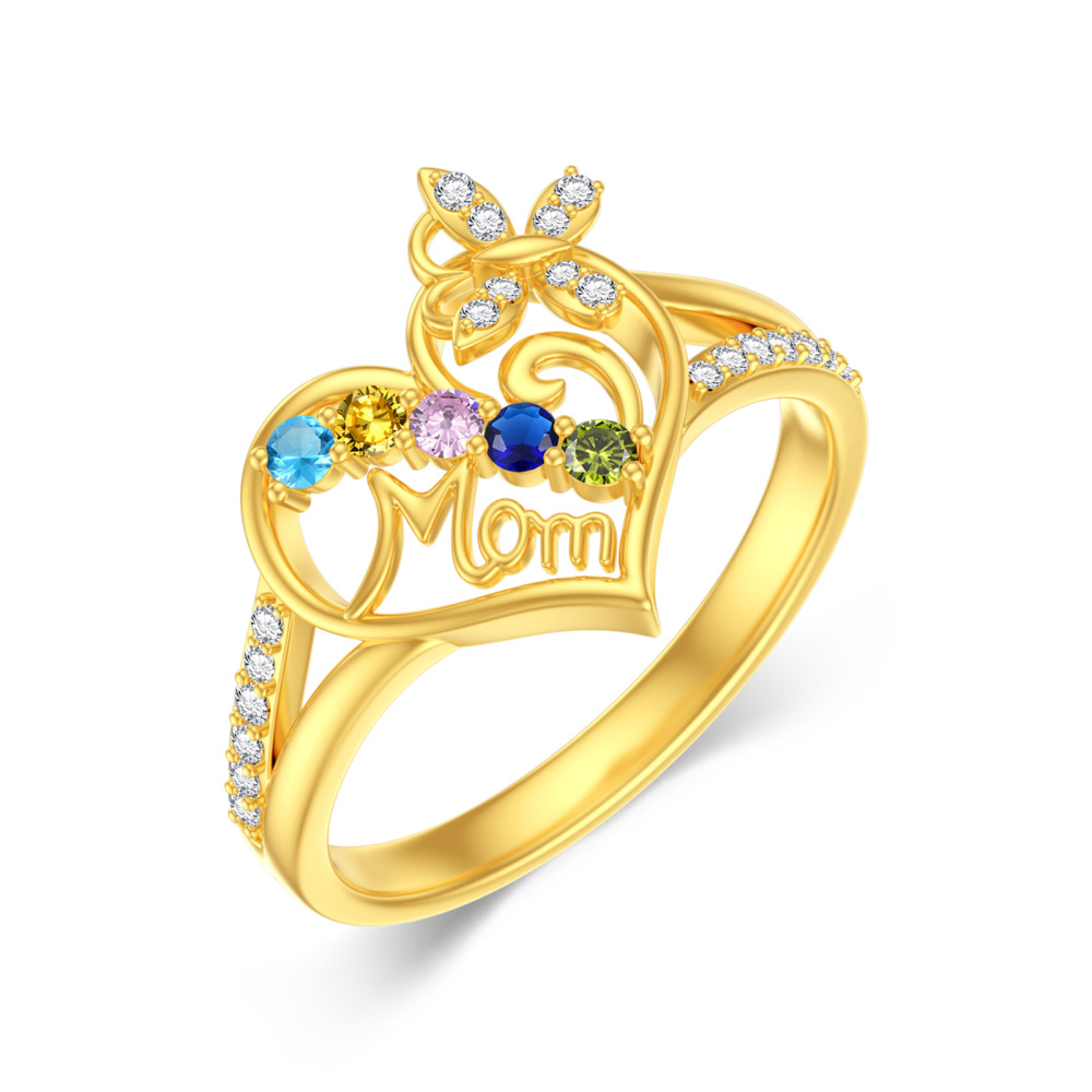 Sterling Silver with Yellow Gold Plated Round Cut Cubic Zirconia & Personalized Birthstone & Personalized Engraving Butterfly & Heart Birthstone Ring with Engraved Word-1