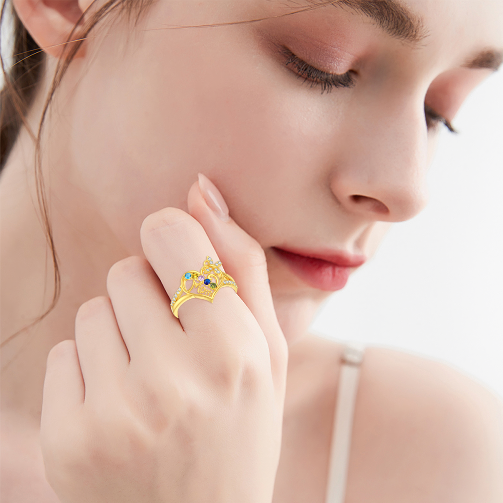 Sterling Silver with Yellow Gold Plated Round Cut Cubic Zirconia & Personalized Birthstone & Personalized Engraving Butterfly & Heart Birthstone Ring with Engraved Word-2