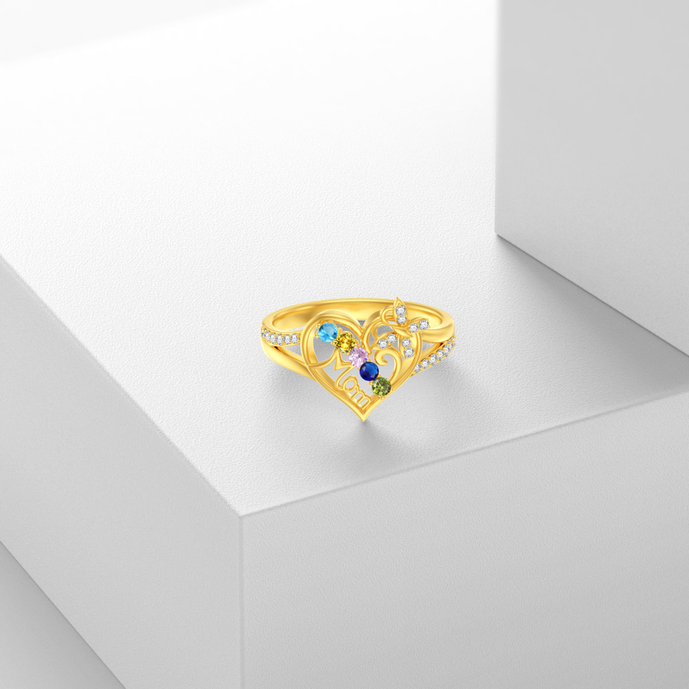 Sterling Silver with Yellow Gold Plated Round Cut Cubic Zirconia & Personalized Birthstone & Personalized Engraving Butterfly & Heart Birthstone Ring with Engraved Word-3