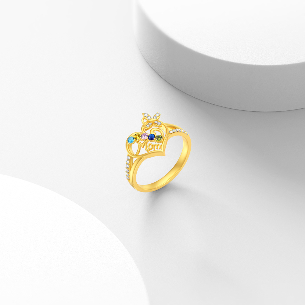 Sterling Silver with Yellow Gold Plated Round Cut Cubic Zirconia & Personalized Birthstone & Personalized Engraving Butterfly & Heart Birthstone Ring with Engraved Word-4