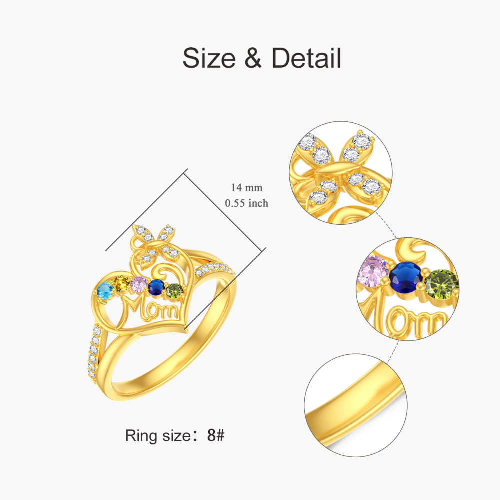 Sterling Silver with Yellow Gold Plated Round Cut Cubic Zirconia & Personalized Birthstone & Personalized Engraving Butterfly & Heart Birthstone Ring with Engraved Word-5