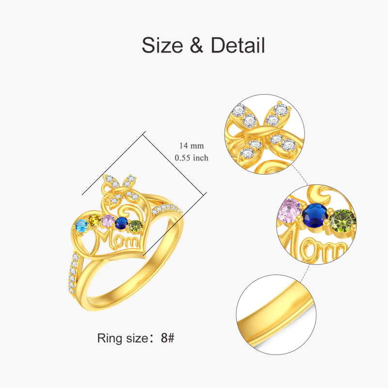 Anello in argento sterling con zirconi cubici taglio rotondo placcati in oro giallo, pietra portafortuna personalizzata, incisione personalizzata, a forma di farfalla con cuore e parola incisa.-5