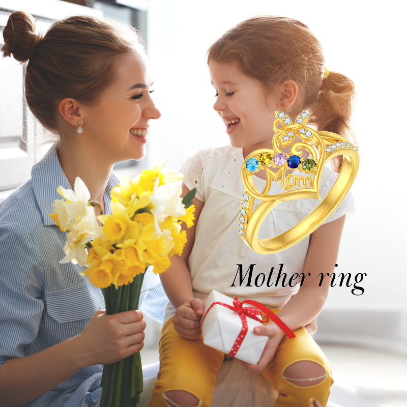 Anello in argento sterling con zirconi cubici taglio rotondo placcati in oro giallo, pietra portafortuna personalizzata, incisione personalizzata, a forma di farfalla con cuore e parola incisa.-6