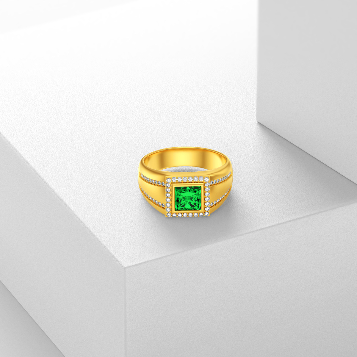 10K Gold Cubic Zirconia Personalized Engraving & Couple &Emerald Square Engagement Ring-2