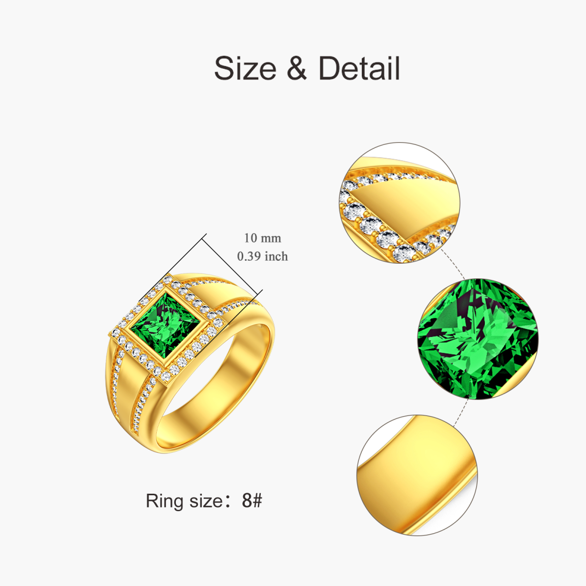 10K Gold Zirkonia Personalisierte Gravur Paar Smaragd Quadrat Verlobungsring-5