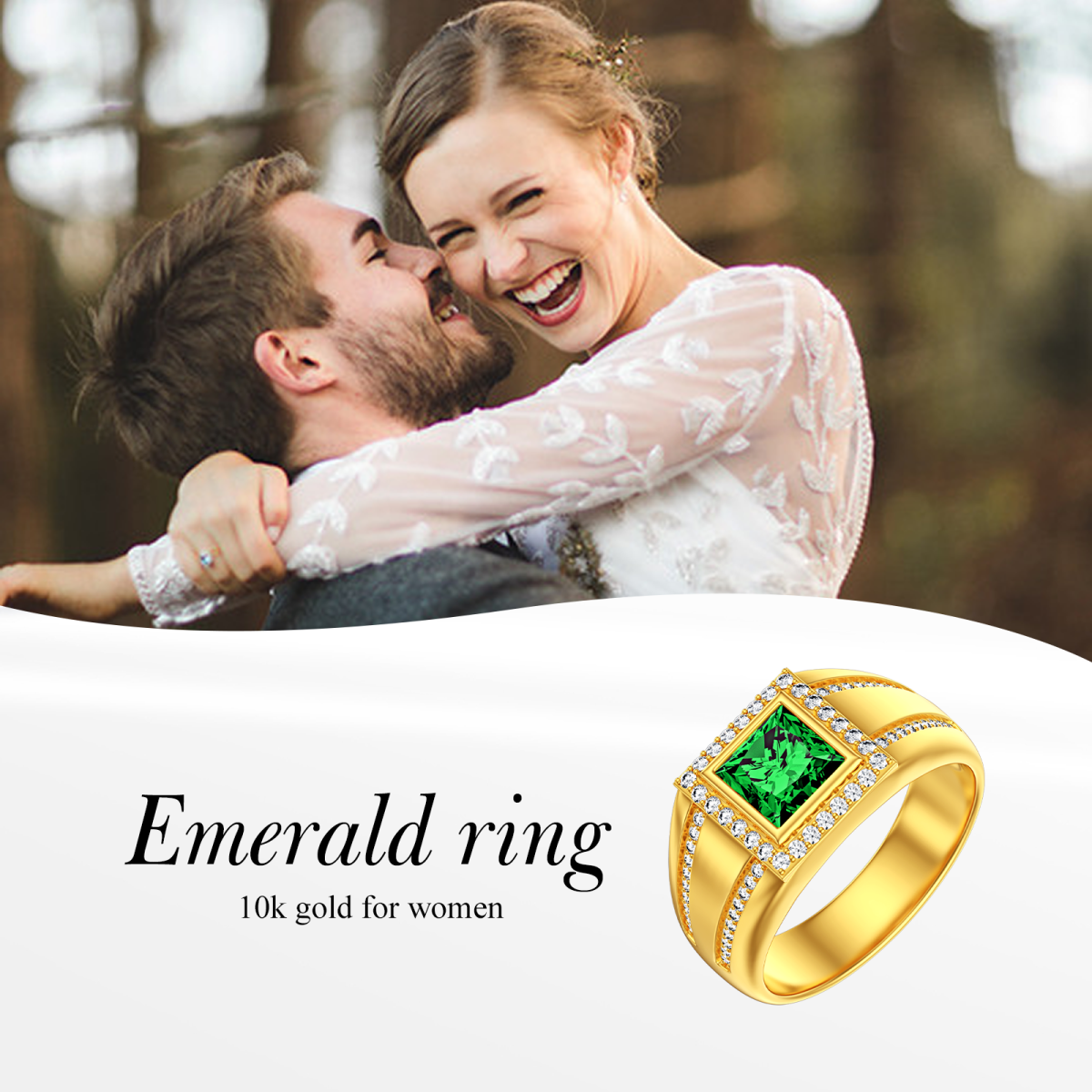 10K Gold Cubic Zirconia Personalized Engraving & Couple &Emerald Square Engagement Ring-7