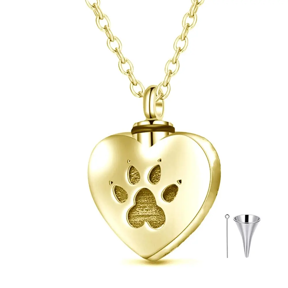 18K Gold Personalized Engraving Dog Paw & Heart Urn Necklace for Ashes-1