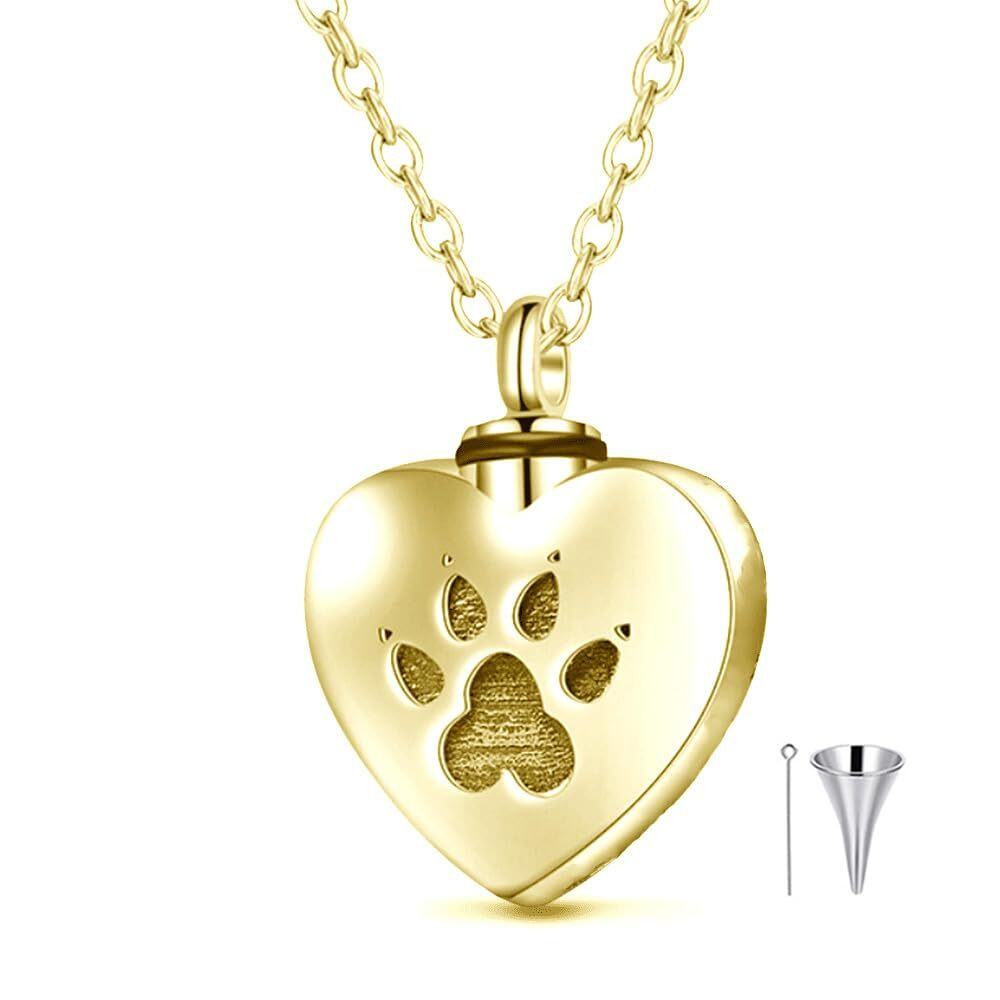 Collar de urna con forma de corazón de pata de perro con grabado personalizado de oro de 10 quilates para cenizas-1