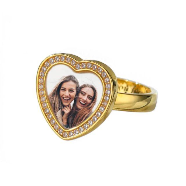 Incisione personalizzata e foto personalizzata con zirconi rotondi in oro 10 carati con anello a cuore per le migliori amiche delle donne