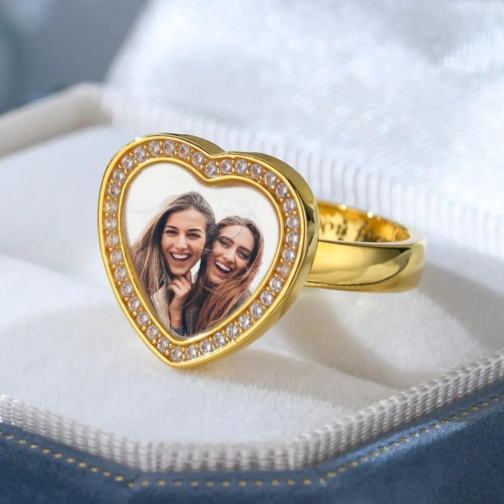 10K Gold Round Cubic Zirconia Personalized Engraving & Photo With Heart Ring For Women Best Friends-2